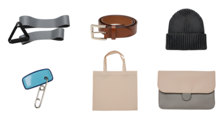 LIFESTYLE - Stylish assortment of women's fashion accessories including belt, black knit hat, beige tote bag, blue hair clip, and clutch purse on white background