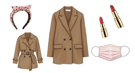 LIFESTYLE - Stylish brown trench coat with matching smaller coat, pink fabric face mask, polka dot headband, and red lipstick set isolated on white background