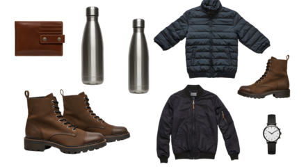 LIFESTYLE - Stylish men's leather boots, insulated jackets, stainless steel water bottles, leather wallet, and wristwatch set on white background