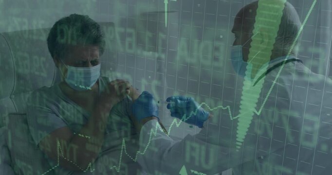On aligning syringe doctor injecting vaccine into patient arm in ward with rising data charts