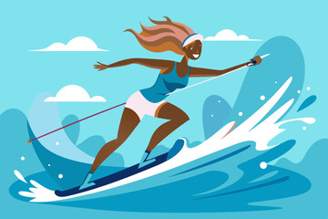 African American woman enjoying water sports, confidently water skiing on vibrant blue waves, showcasing athleticism and joy in a sunny outdoor environment with dynamic splashes