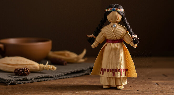 handmade Native American corn husk doll with braided hair, dressed in miniature traditional clothing, rustic table setting  Native American doll standing on rustic wooden surface with pottery  