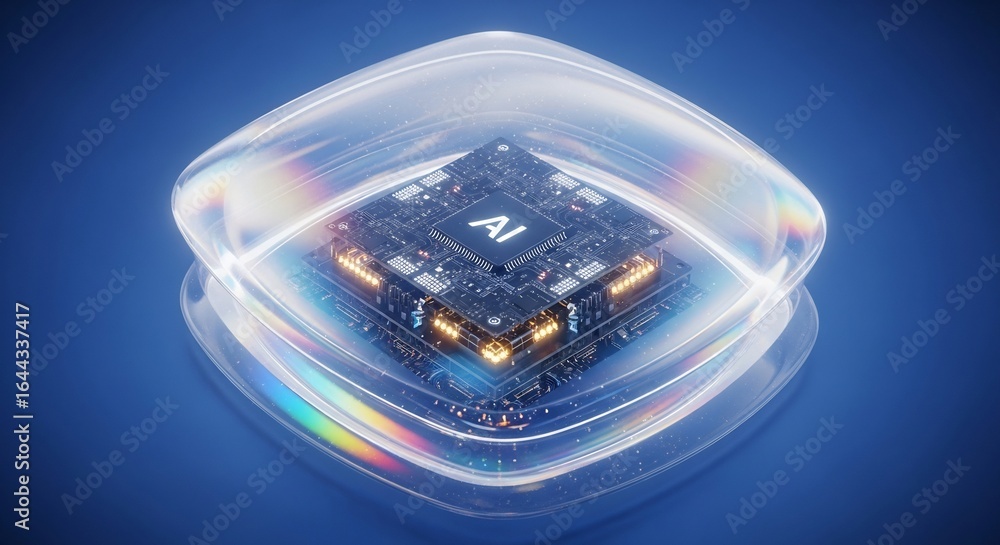 Poster luminous ai core processor glowing within a protective prismatic energy shield