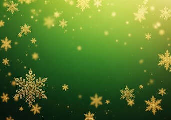 Sparkling Golden Snowflakes Gently Falling on a Deep Green Background for Winter Celebrations