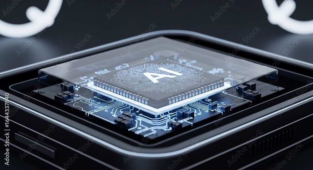 Poster luminous ai microprocessor: a futuristic cpu with glowing blue circuitry and ai logo