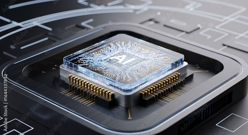 Poster luminous ai processor chip with intricate glowing circuits on futuristic dark motherboard