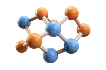 3D rendering of a stylized molecular structure with blue and orange spheres connected by rods molecule