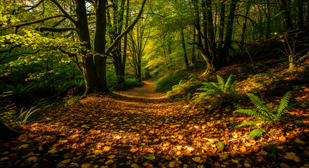 Fototapeta premium Enchanting Forest Path Covered in Golden Autumn Leaves with Dappled Sunlight