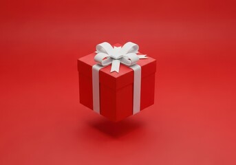 Obraz premium A Red Christmas Gift Box with a White Ribbon Bow Levitates Against a Crimson Background