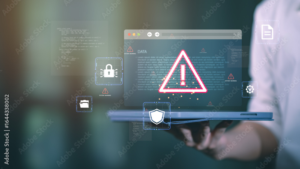 Aufkleber cybersecurity warning alert on tablet screen with digital lock, shield icons, and system error notif