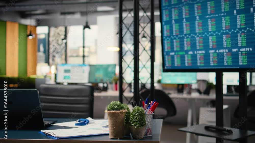 Poster modern corporate workspace with devices and key business documents signaling preparation for strateg