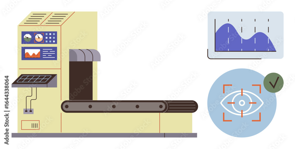 Poster automated conveyor system, data graph analysis, and biometric security symbol. ideal for manufacturi