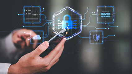 Digital cybersecurity concept showing smartphone data protection, encryption technology, firewall system, and cloud security with futuristic interface design for safe online communication.