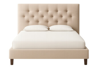 Comfortable double bed with beige upholstered headboard and transparent background
