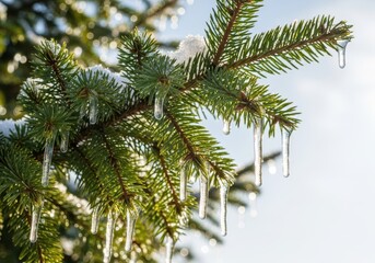 Winter Scene Icicles Hanging on Green Pine Tree Branches Against a Bright Sunny Sky