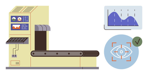 Automated conveyor system, data graph analysis, and biometric security symbol. Ideal for manufacturing, automation, logistics, technology, quality control security and innovation. Versatile flat