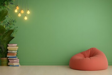 Interior with green wall and bean bag chair, warm pendant lights, stack of books on floor, cozy modern living room, minimal lifestyle decor background with copy space