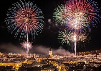 Spectacular Fourth of July Fireworks Display Illuminating a Charming Town Below
