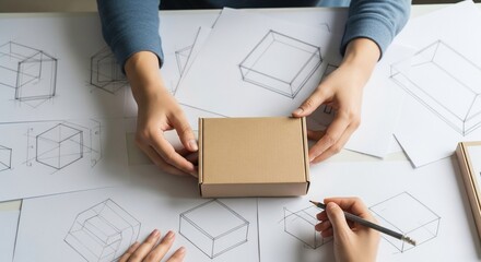 Collaborative Packaging Design Hands Aligning Prototype with Sketches.
