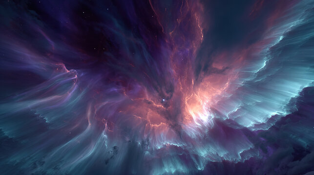 A painterly solar corona explosion with rippling aurora energy cascading toward a small blue planet.