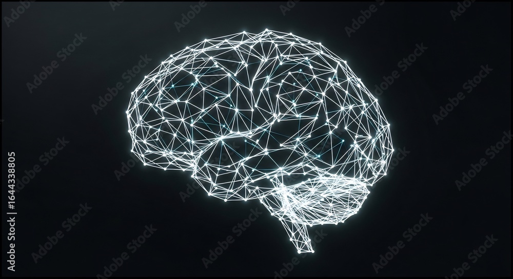 Poster luminous brain network: digital neural connections on black background