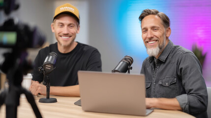 Engaging tech podcast interview with two male hosts in studio setting