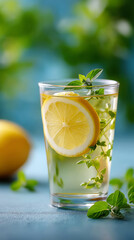Fototapeta premium Refreshing herbal tea with lemon and fresh herbs in a glass on a sunny day