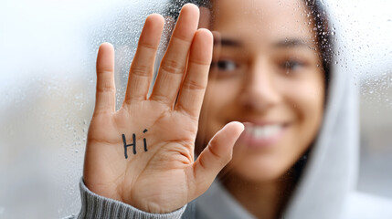 Say hi day celebration: smiling woman writes greeting on misty window for connection