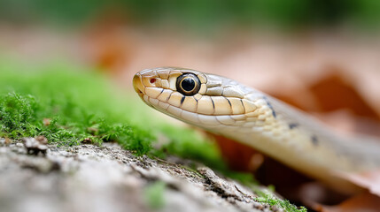 Fototapeta premium Viper flicking tongue in lush leaves closeup