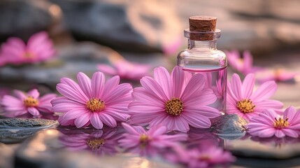 Pink flowers and a glass bottle on stones