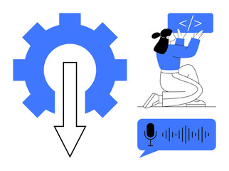 Woman coding with embedded gear and arrow icon symbolizing process efficiency, soundwave for voice interface, and blue accents. Ideal for technology, software, automation, coding, development, AI
