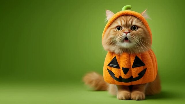 Cat in Halloween pumpkin costume sitting on green background licking nose and meowing and wagging tail