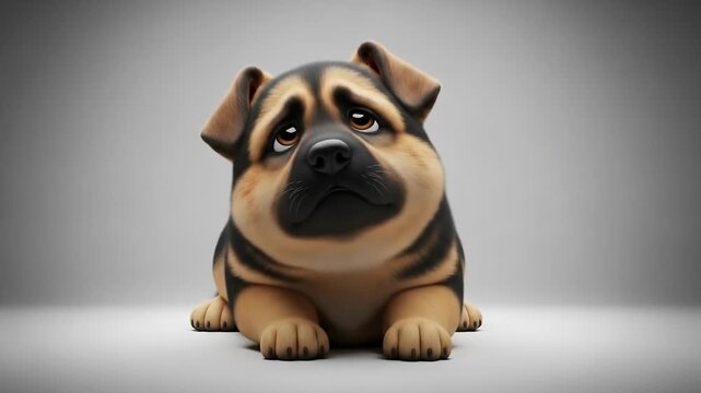 A chubby stylized black and tan German Shepherd dog sits on a plain light grey background with a solemn expression