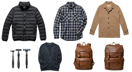 LIFESTYLE - Collection of men's winter clothing and accessories including puffer jacket, plaid shirt, camel coat, cardigans, backpacks, and grooming razors