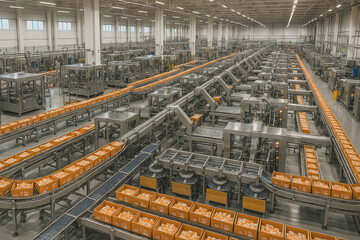 A vast industrial facility featuring a complex system of conveyor belts and boxes, showcasing automated production and logistics.