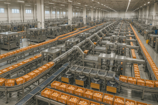 A vast industrial facility featuring a complex system of conveyor belts and boxes, showcasing automated production and logistics.
