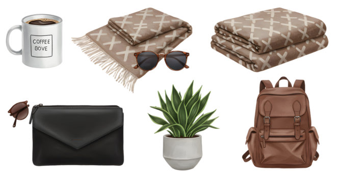 LIFESTYLE - Cozy lifestyle essentials including a coffee cup, sunglasses, patterned blankets, a brown leather backpack and purse, and a potted plant