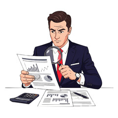 Businessman scrutinizes financial documents with magnifying glass.