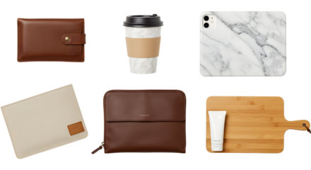 LIFESTYLE - Flat lay of brown leather wallet, coffee cup with sleeve, marble phone case, cream notebook, brown leather pouch, wooden cutting board and skincare tube
