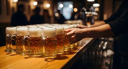Naklejka premium Many Glasses of Fresh Beer Lined Up on a Bar Counter, Ready to be Served
