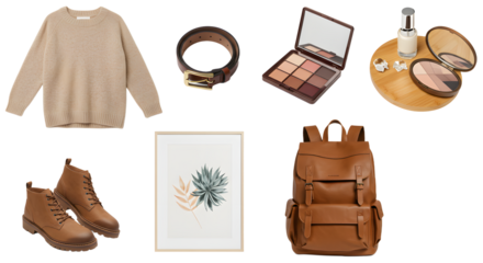 LIFESTYLE - Flat lay of fashionable autumn essentials including beige sweater, brown boots, leather backpack, makeup kit, and accessories for casual style