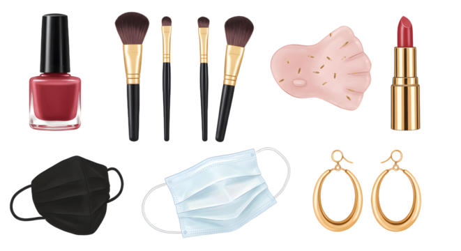 LIFESTYLE - Flat lay of makeup brushes, lipstick, nail polish, face masks, earrings, and a pink silicone face cleansing pad on white background - Powered by Adobe