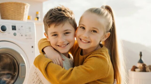 Smiling siblings embracing in laundry room with natural light and warm tones of joy