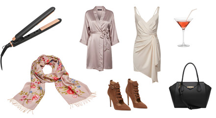 LIFESTYLE - Flat lay of women's fashion accessories including hair straightener, satin robe, white dress, floral scarf, brown ankle boots, black handbag, and cocktail glass