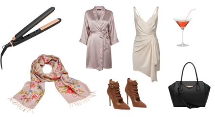 LIFESTYLE - Flat lay of women's fashion accessories including hair straightener, satin robe, white dress, floral scarf, brown ankle boots, black handbag, and cocktail glass