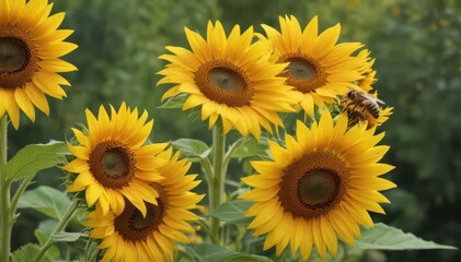 Fototapeta premium Golden sunflower, four busy honeybees feeding , blossom, honeycomb, bloom