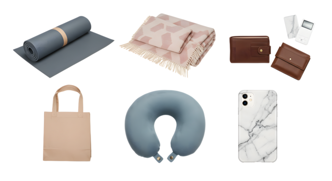 LIFESTYLE - Flat lay of travel and lifestyle essentials including yoga mat, neck pillow, scarf, leather wallets, tote bag, and marble phone case on white background