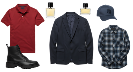 LIFESTYLE - Men's casual and formal clothing collection including red polo shirt, black leather boots, navy blazer, plaid shirt, baseball cap, and two perfume bottles
