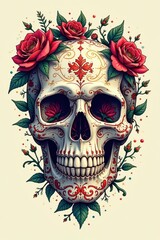 Fototapeta premium Skulls with intricate floral patterns and vines, surrounded by a halo of soft light , vintage, mysterious