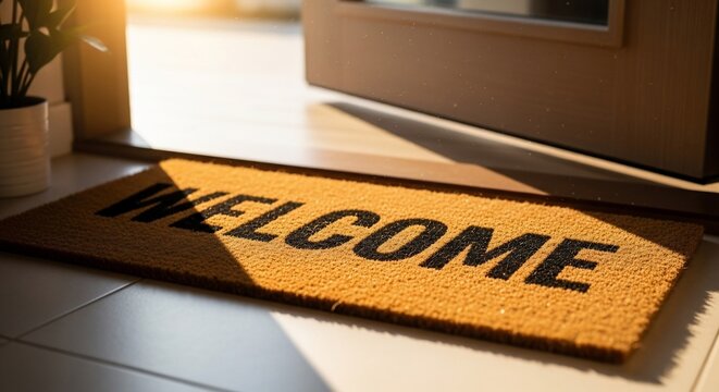 Welcome Mat at the Door: An inviting welcome mat lies on the floor just inside an open doorway, bathed in the warm sunlight streaming through.